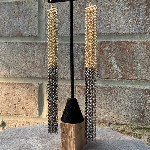 Two Toned Long Multi Chain Drop Earrings - Picture 10 of 11